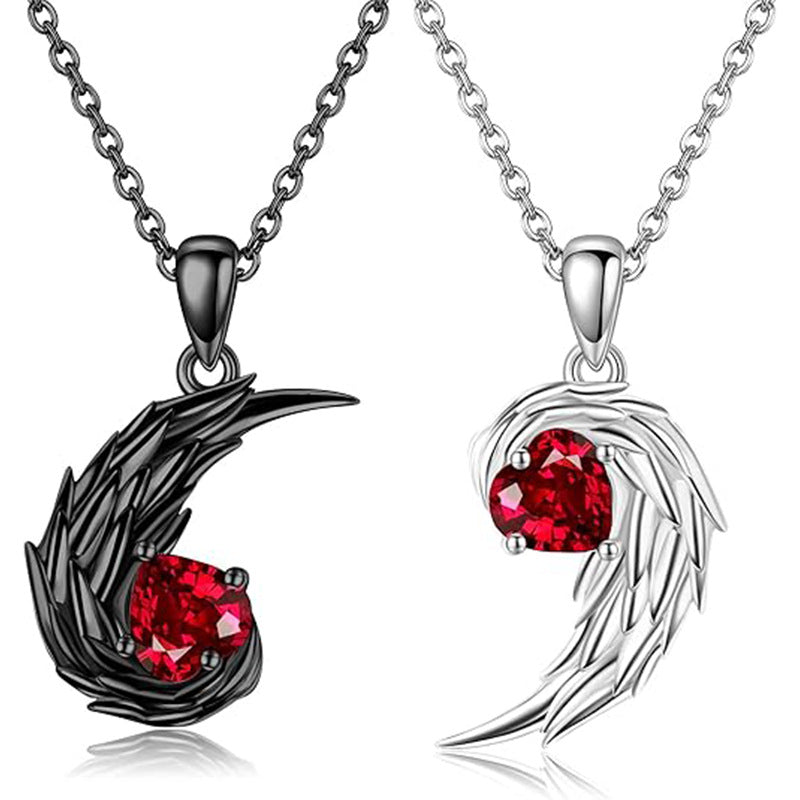 Wholesale Couple Patchwork Two-color Clavicle Chain Diamond-encrusted Love Angel Demon Feather Wings Heart-shaped Pendant Valentine's Day Necklace